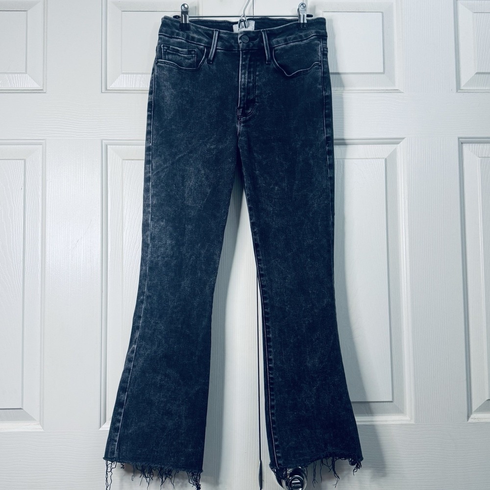 Frame Women Le Crop Mini Boot Jeans Size 27 Stone Wash Black Raw Hem Western